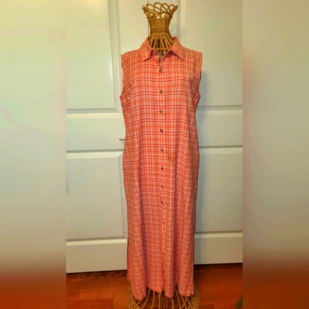 Susan Bristol Size M Plaid Maxi Dress 100% Cotton Vintage Pink, Peach, White Red